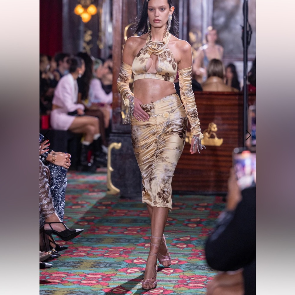 Floral Silk Skirt in Cream and Brown